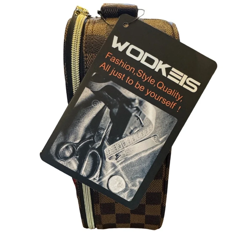 WODKEIS Makeup Train Case Brown Checkered Travel Cosmetic Organizer Bag NWT